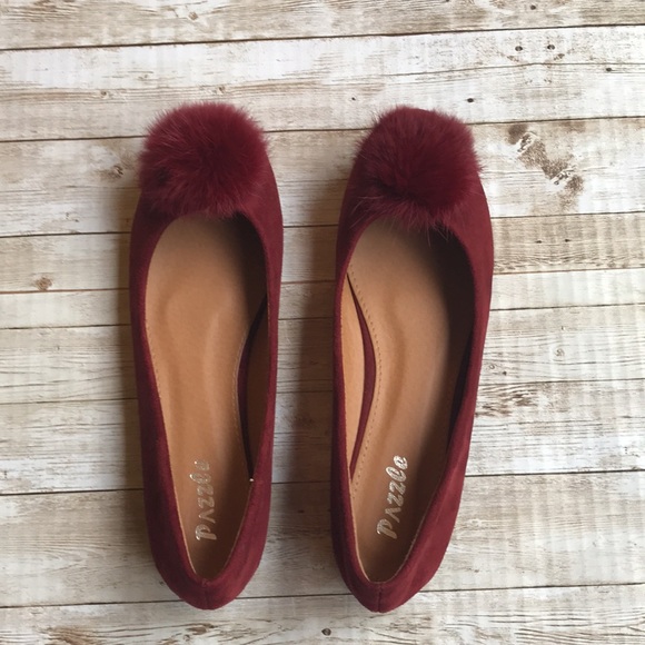 NWOT Pazzle Red Suede Pom Pom Flats Shoes Size 11 - Picture 3 of 7